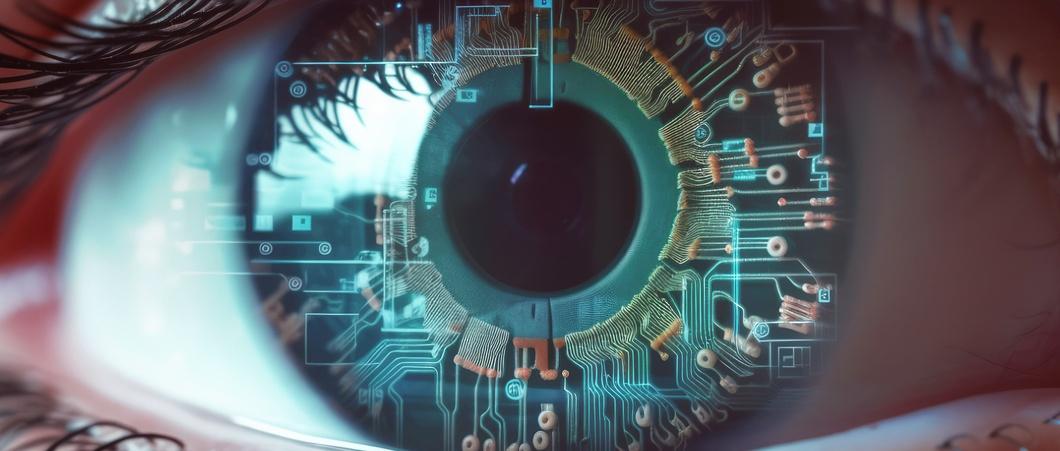 Macrofotografía de ojo humano con circuitos impresos en el iris.