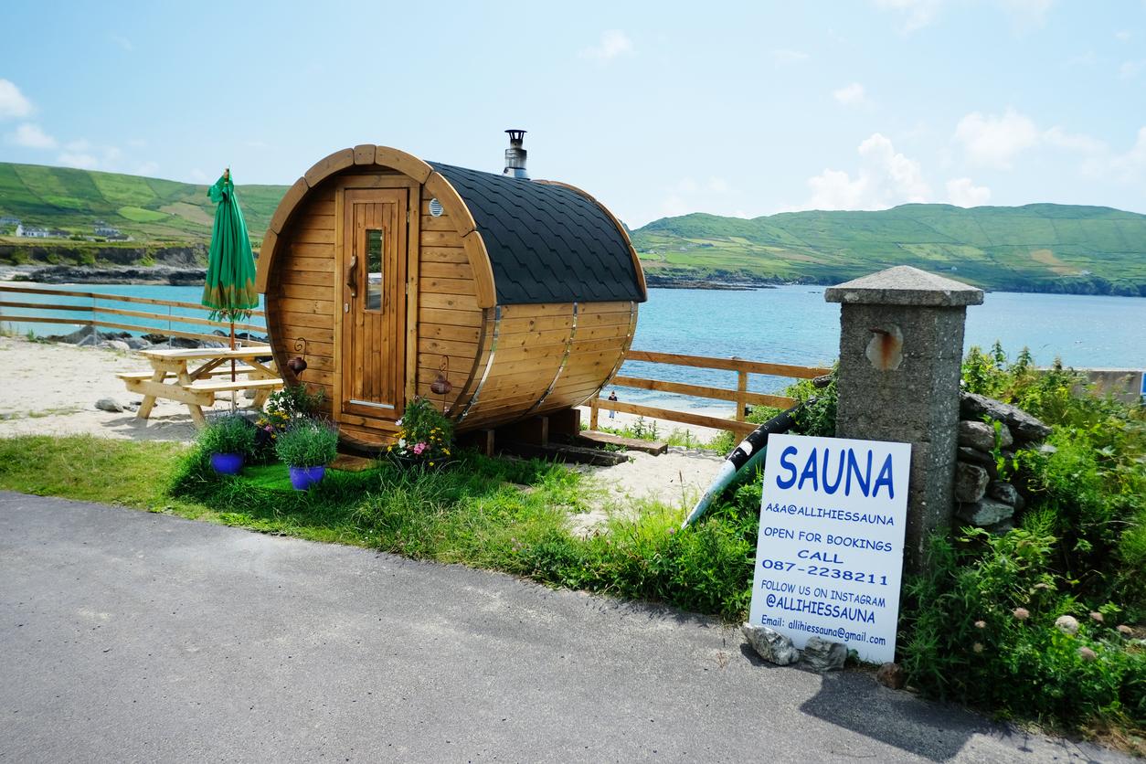 Foto de una pequeña sauna de madera junto al mar en Irlanda