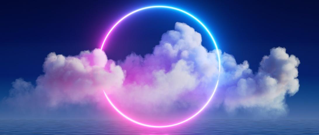 3d render, fondo de fantasía con anillo de neón brillante y nube blanca sobre el agua tranquila.