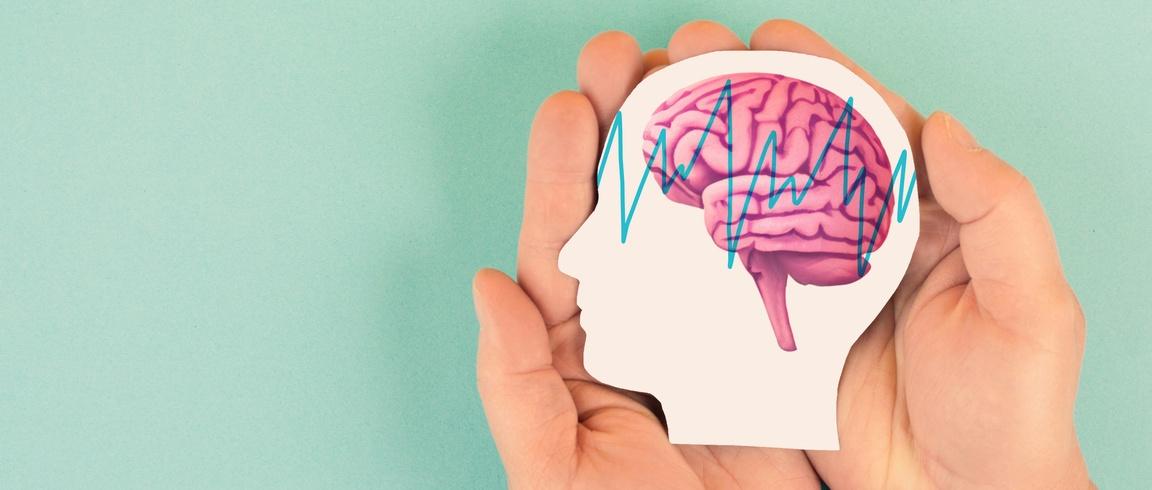 Cerebro humano rosa, sostenido en las manos con el icono de latido del corazón azul sobre fondo verde