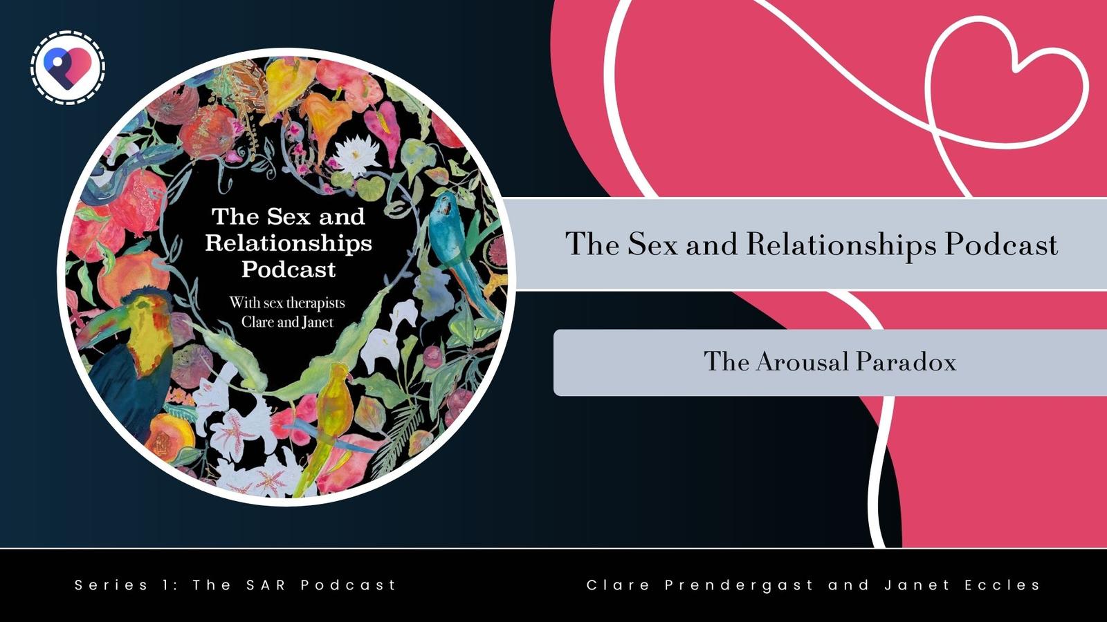 Colourful podcast cover for "The Sex and Relationships Podcast" featuring floral artwork and episode title "The Arousal Paradox"