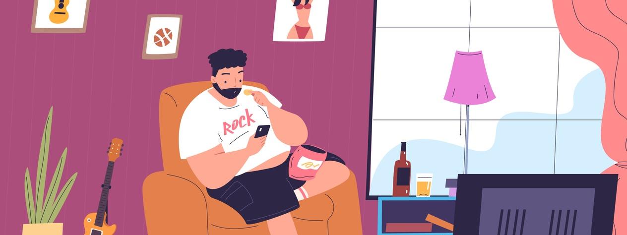 Dibujo de un hombre sentado en un sofá, comiendo patatas fritas y navegando por su teléfono.