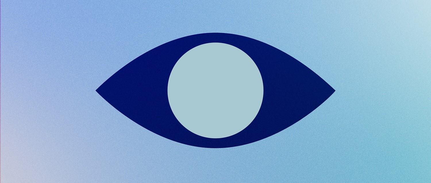 Gráfico minimalista de un símbolo de ojo azul oscuro con iris azul claro sobre un fondo azul degradado.