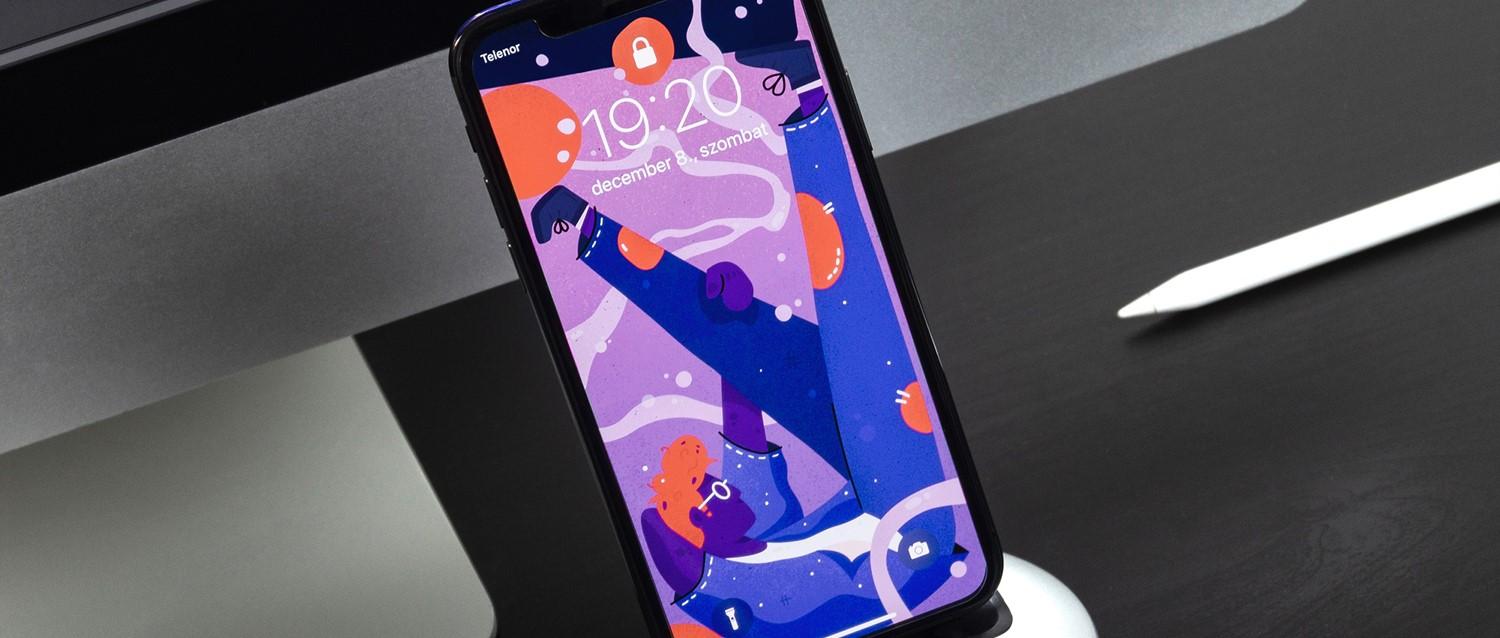 Smartphone con un colorido fondo de pantalla abstracto con formas moradas y azules, que muestra la hora 19:20 del 9 de diciembre.